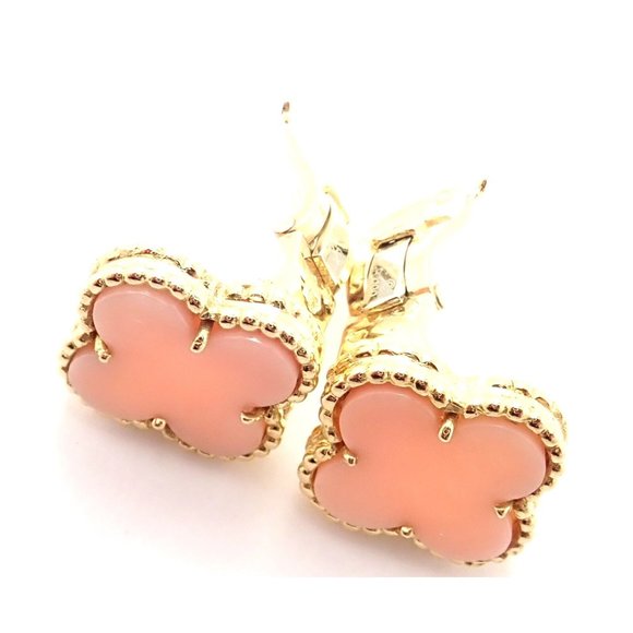 Van Cleef & Arpels Vintage Alhambra 18k Yellow Gold Angel Skin Coral Earrings - Picture 9 of 12